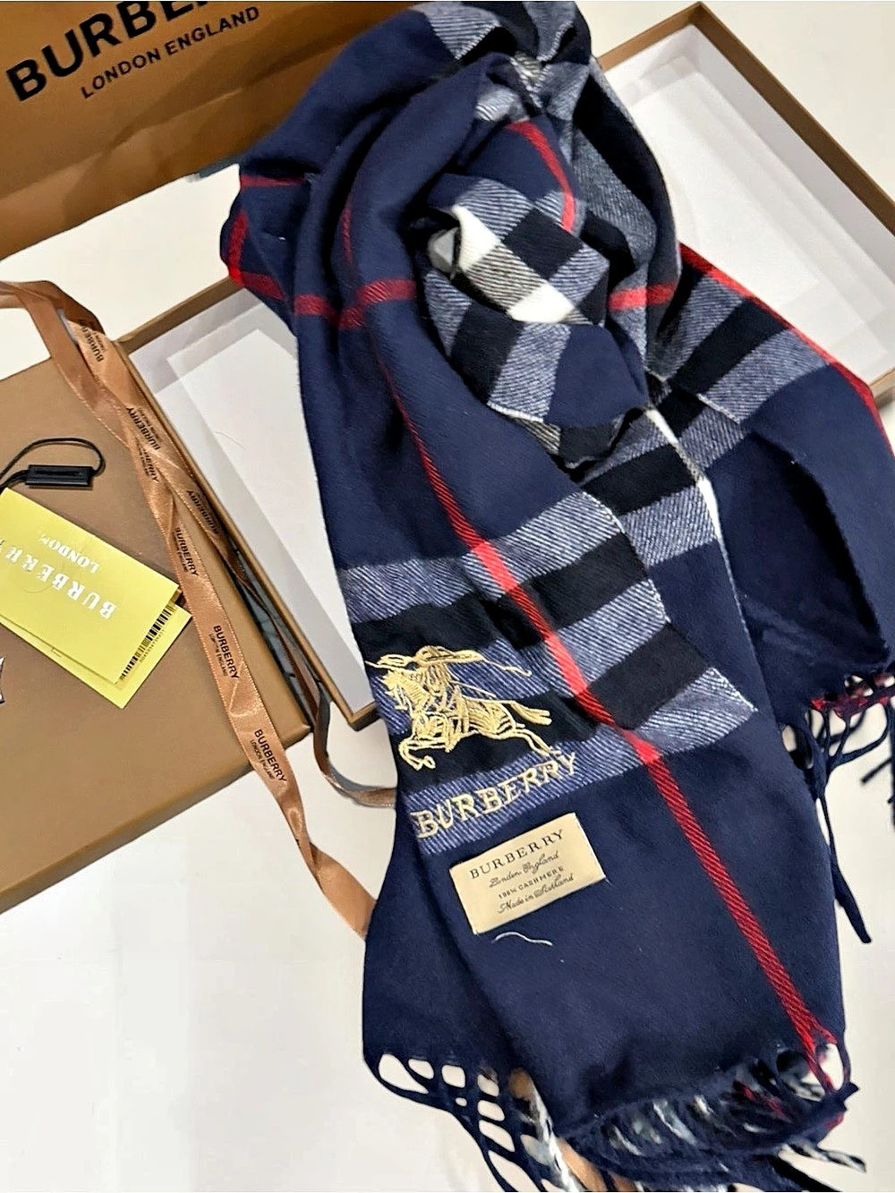 Burberry Check Cashmere Scarf Blue & White